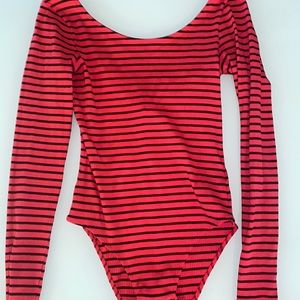 COPY - Holiday red and black stripped body suit with low back.